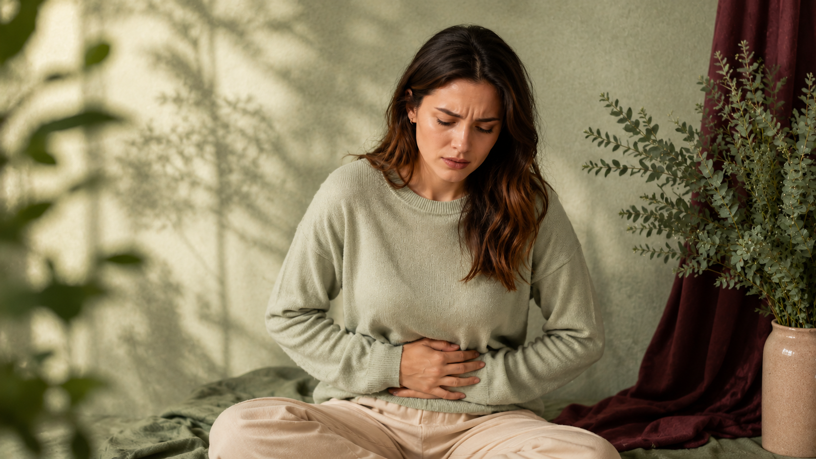 Mulher sentada com desconforto abdominal, sinal comum de disbiose